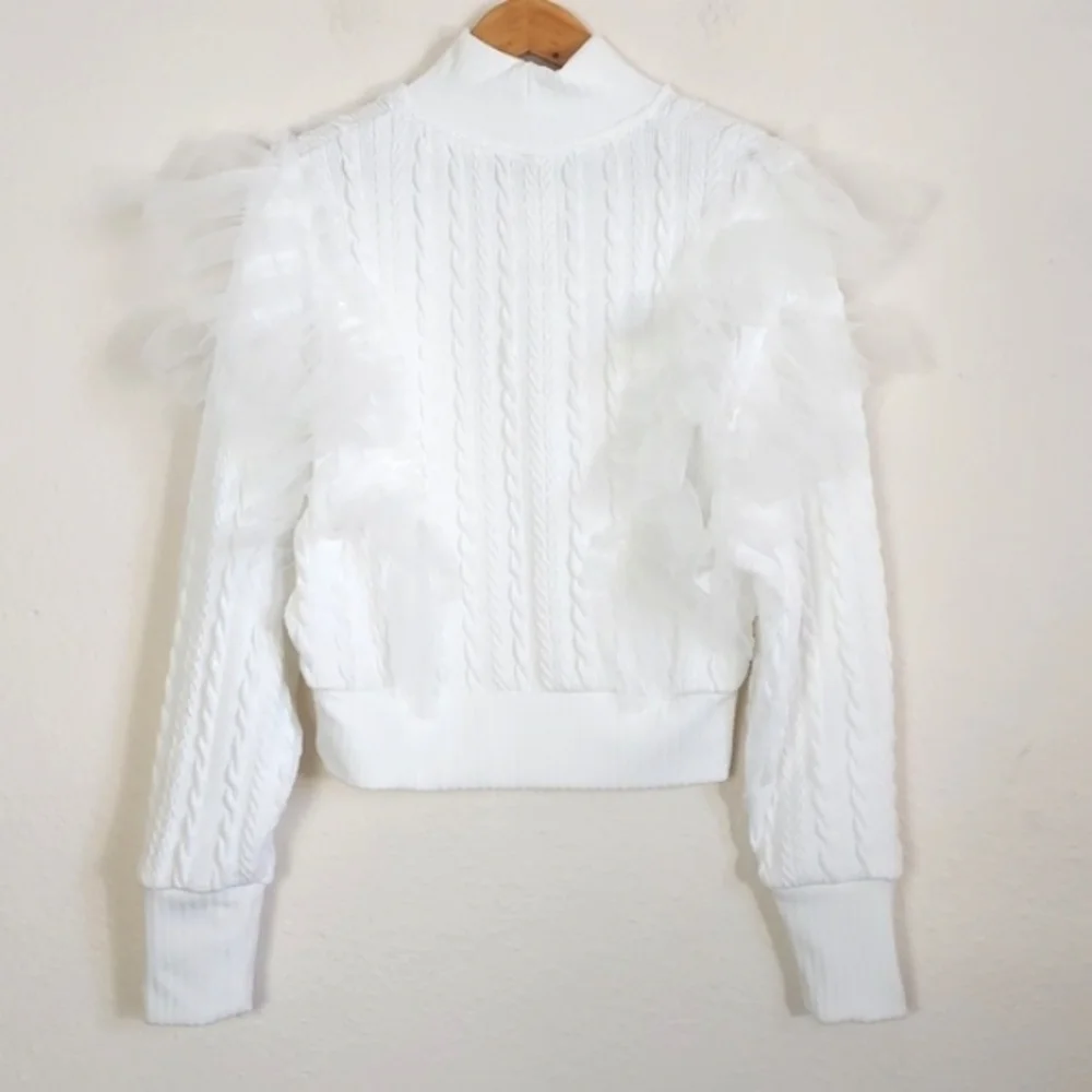 Free People Showstopper Ruffled Tulle Cable Sweater in White Size Small